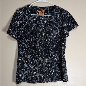 Tory Burch silk Black & White Splatter Zip-Front Ruffle Blouse